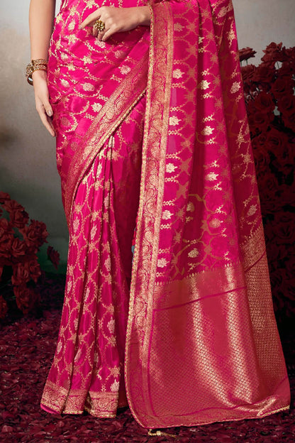 Intricate Dark Pink Banarasi Silk Saree With Embroidery Blouse Piece
