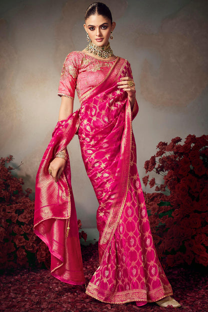 Intricate Dark Pink Banarasi Silk Saree With Embroidery Blouse Piece