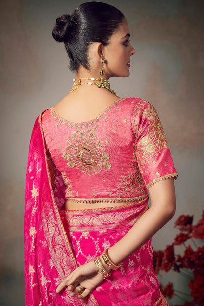 Intricate Dark Pink Banarasi Silk Saree With Embroidery Blouse Piece