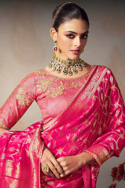 Intricate Dark Pink Banarasi Silk Saree With Embroidery Blouse Piece