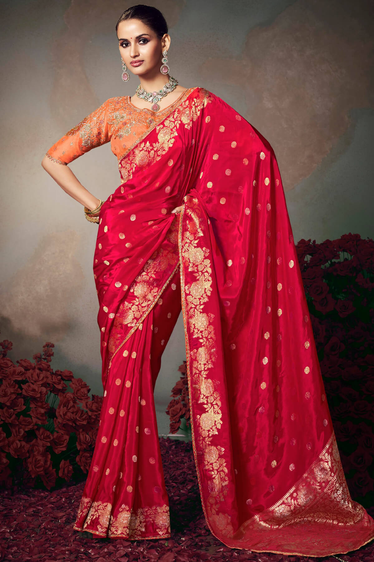 Breathtaking Red Banarasi Silk Saree With Embroidery Blouse Piece