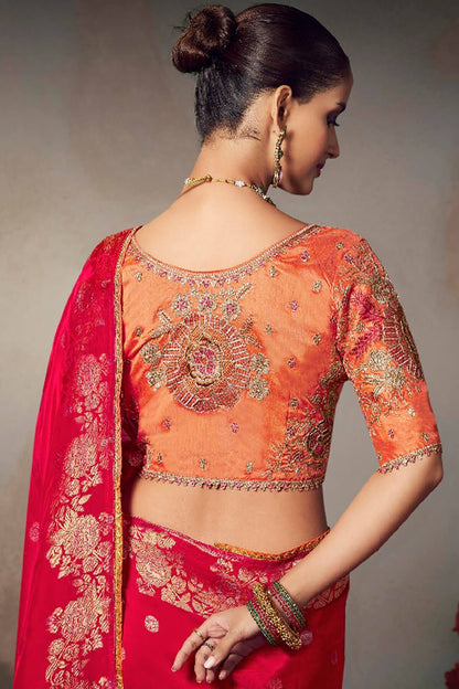 Breathtaking Red Banarasi Silk Saree With Embroidery Blouse Piece