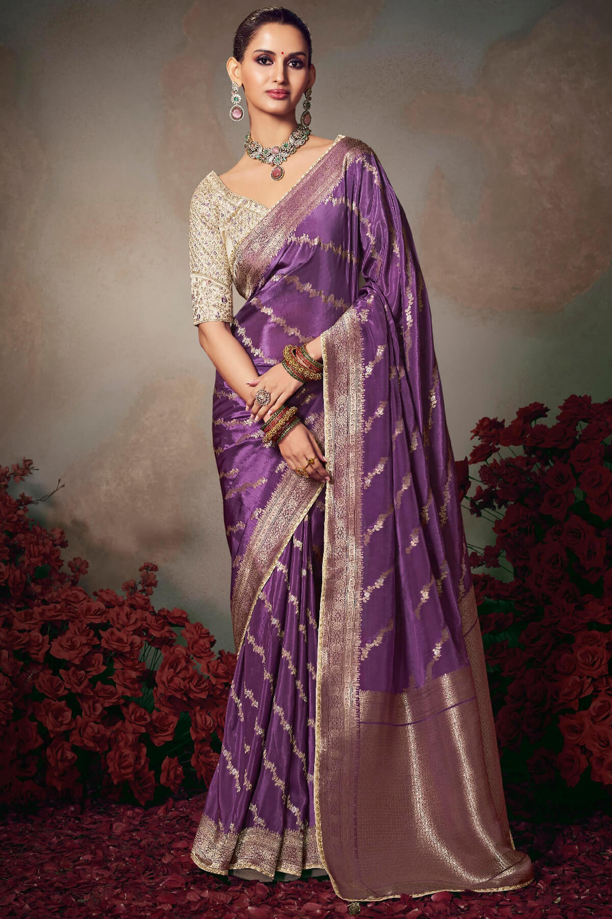 Gleaming Purple Banarasi Silk Saree With Embroidery Blouse Piece