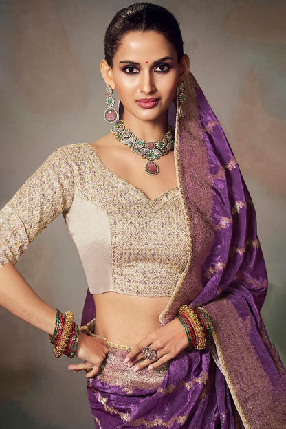 Gleaming Purple Banarasi Silk Saree With Embroidery Blouse Piece