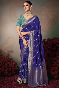 Jubilant Royal Blue Banarasi Silk Saree With Embroidery Blouse Piece