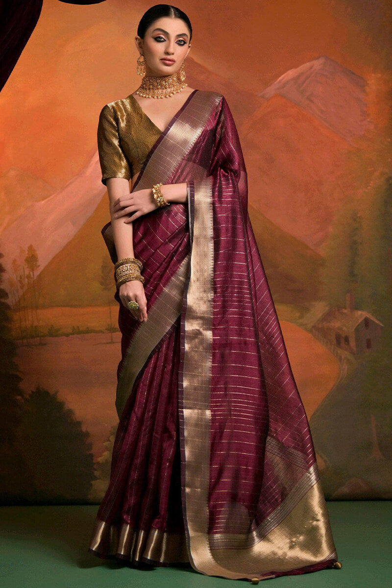 Quixotic Wine Soft Banarasi Silk Saree With Excellent Blouse Piece