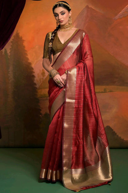 Evocative Red Soft Banarasi Silk Saree With Desirable Blouse Piece