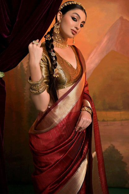 Evocative Red Soft Banarasi Silk Saree With Desirable Blouse Piece