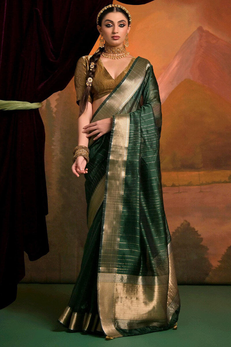 Exquisite Dark Green Soft Banarasi Silk Saree With Exquisite Blouse Piece