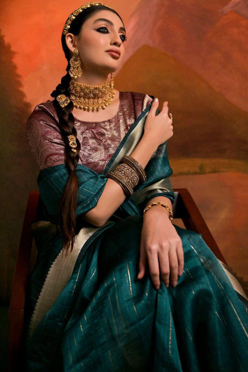 Imaginative Rama Soft Banarasi Silk Saree With Resplendent Blouse Piece