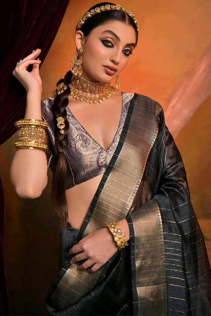 Beauteous Black Soft Banarasi Silk Saree With Gratifying Blouse Piece