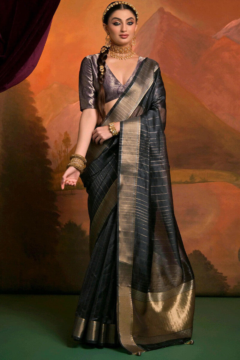 Beauteous Black Soft Banarasi Silk Saree With Gratifying Blouse Piece