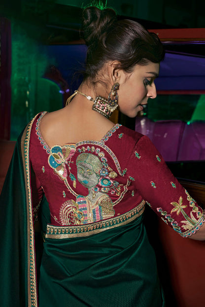 Engrossing Dark Green Banarasi Satin Silk Saree With Gossamer Blouse