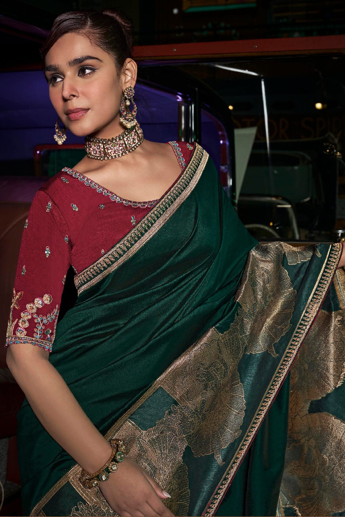 Engrossing Dark Green Banarasi Satin Silk Saree With Gossamer Blouse