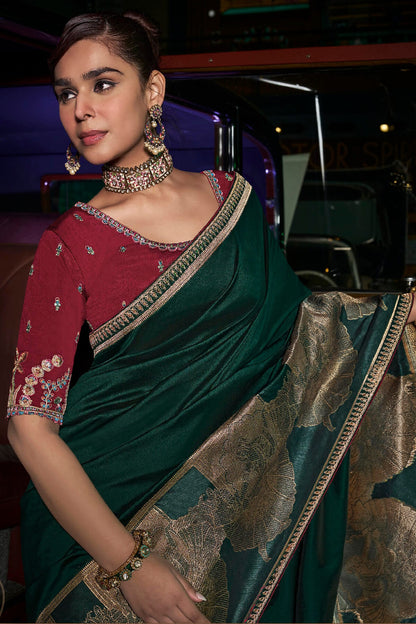 Engrossing Dark Green Banarasi Satin Silk Saree With Gossamer Blouse