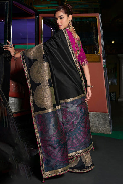 Alluring Black Banarasi Satin Silk Saree With Adoring Blouse