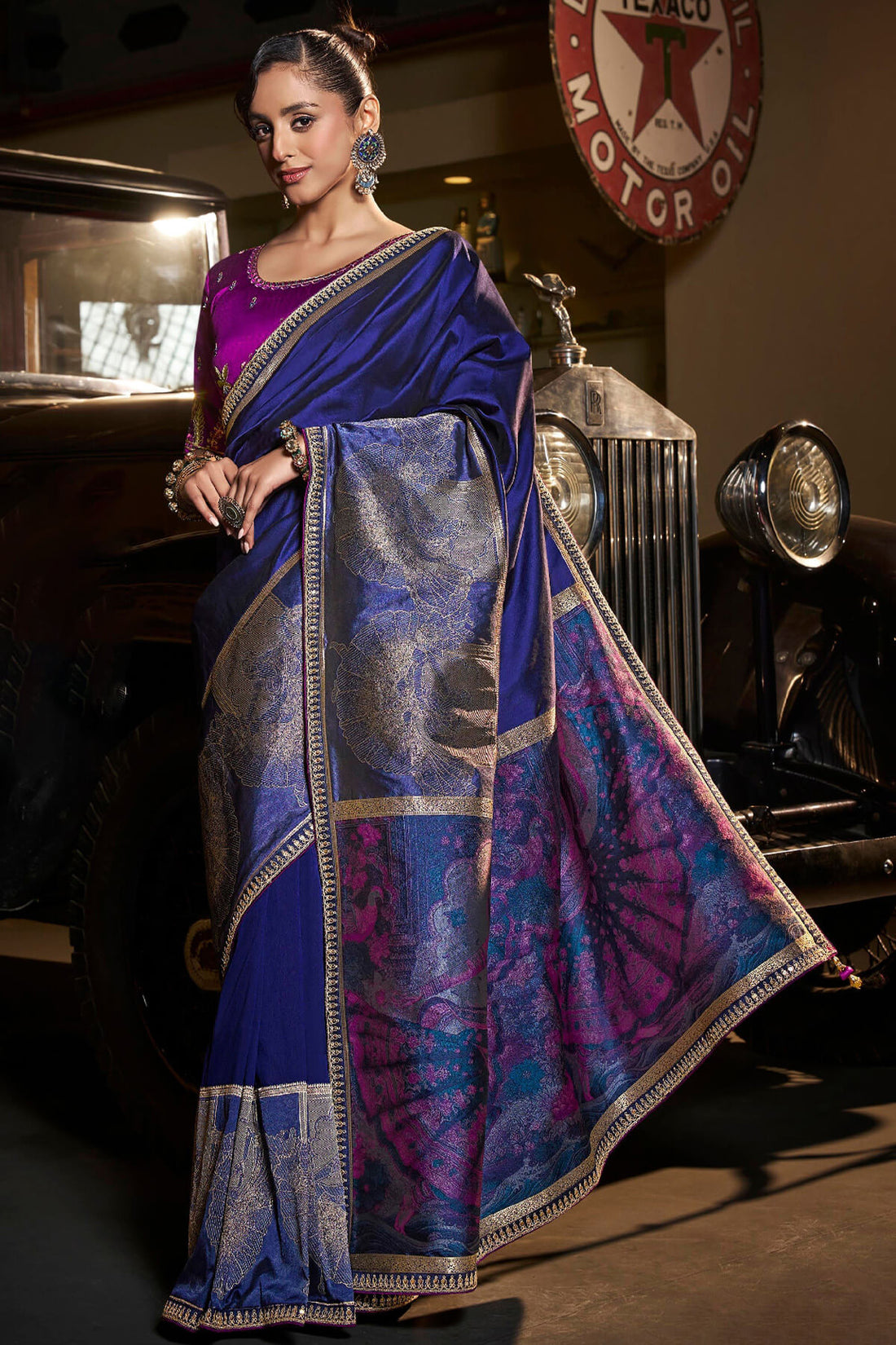 Winsome Navy Blue Banarasi Satin Silk Saree With Dazzling Blouse