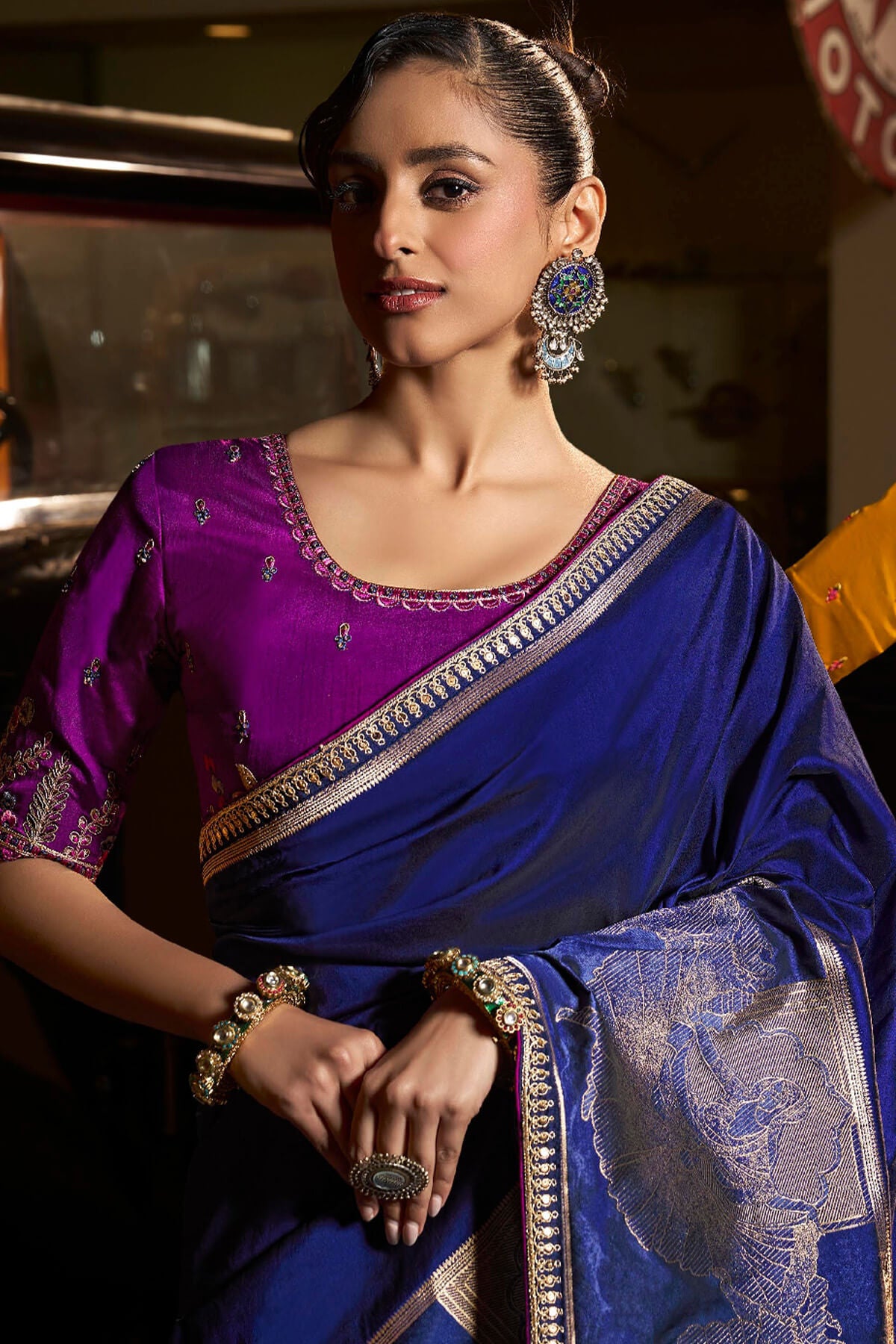 Winsome Navy Blue Banarasi Satin Silk Saree With Dazzling Blouse
