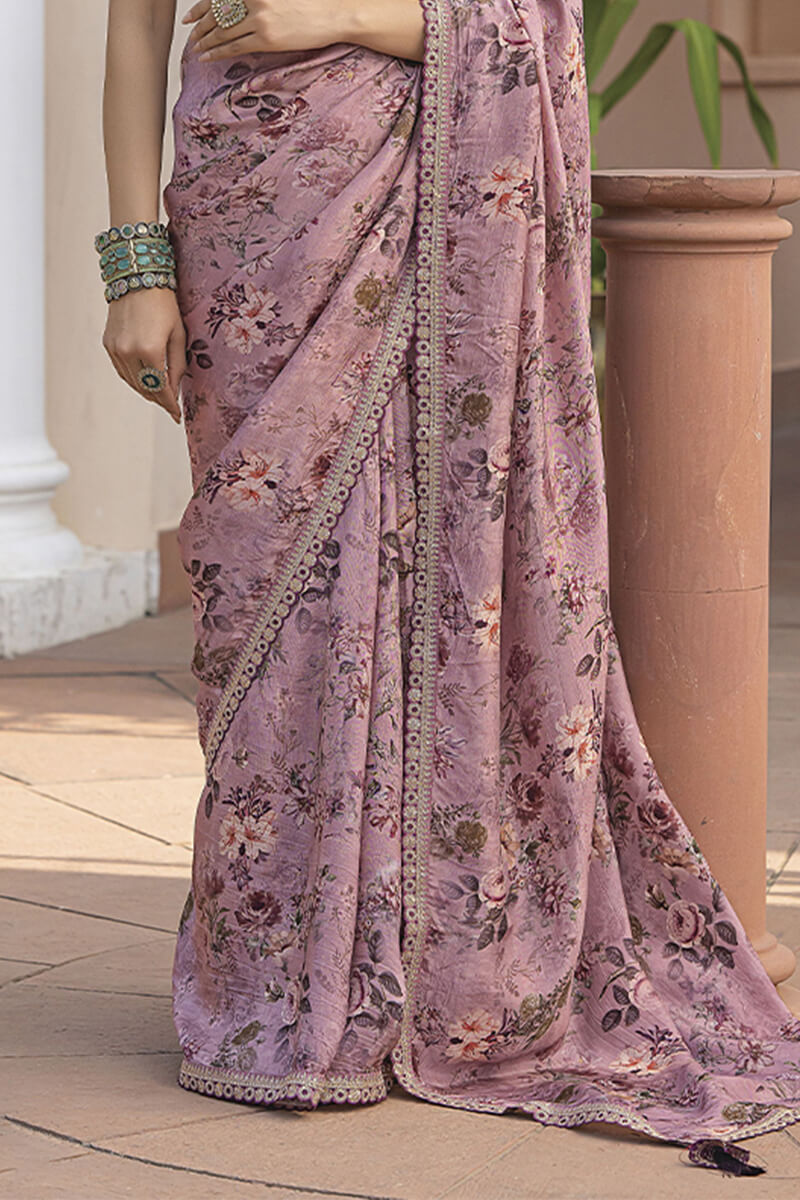 Panoply Lavender Printed Pure Viscose Dola Silk Saree With Magnificat Blouse Piece