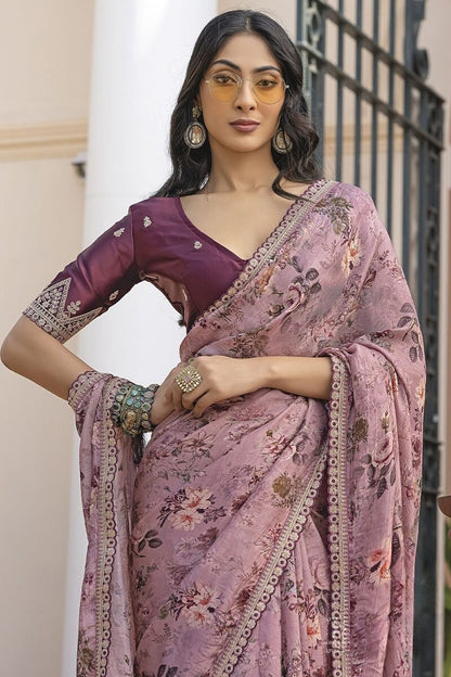 Panoply Lavender Printed Pure Viscose Dola Silk Saree With Magnificat Blouse Piece