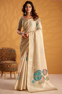 Desiring Beige Digital Printed Tussar Silk Saree With Murmurous Blouse Piece
