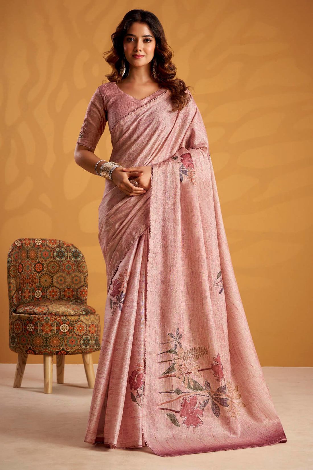 Mesmeric Pink Digital Printed Tussar Silk Saree With Admirable Blouse Piece