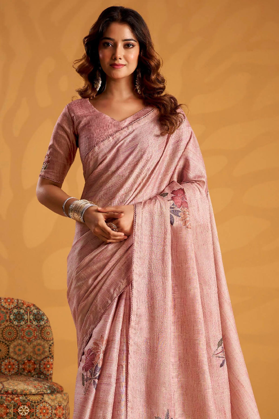 Mesmeric Pink Digital Printed Tussar Silk Saree With Admirable Blouse Piece
