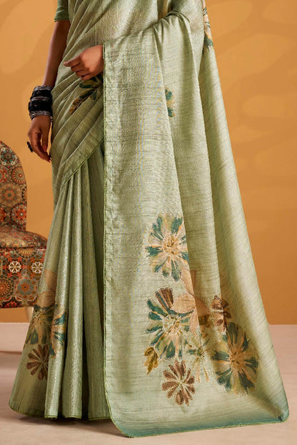 Brood Green Digital Printed Tussar Silk Saree With Incomparable Blouse Piece