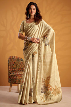 Nebula Dark Beige Digital Printed Tussar Silk Saree With Lustrous Blouse Piece