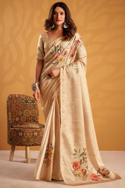 Prominent Light Brown Digital Printed Tussar Silk Saree With Profuse Blouse Piece