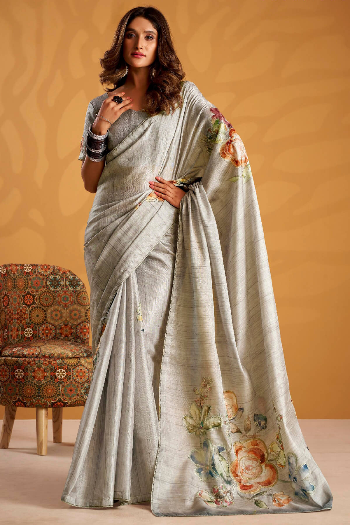 Scintillating Grey Digital Printed Tussar Silk Saree With Amazing Blouse Piece