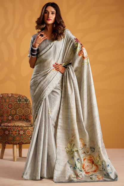 Scintillating Grey Digital Printed Tussar Silk Saree With Amazing Blouse Piece