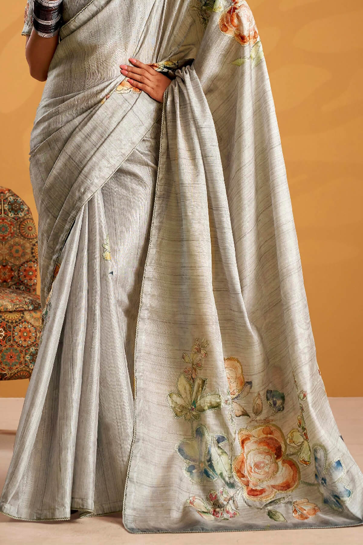 Scintillating Grey Digital Printed Tussar Silk Saree With Amazing Blouse Piece