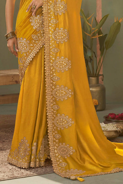 Seraphic Yellow Soft Silk Embroidery Work Saree With Dazzling Blouse Piece