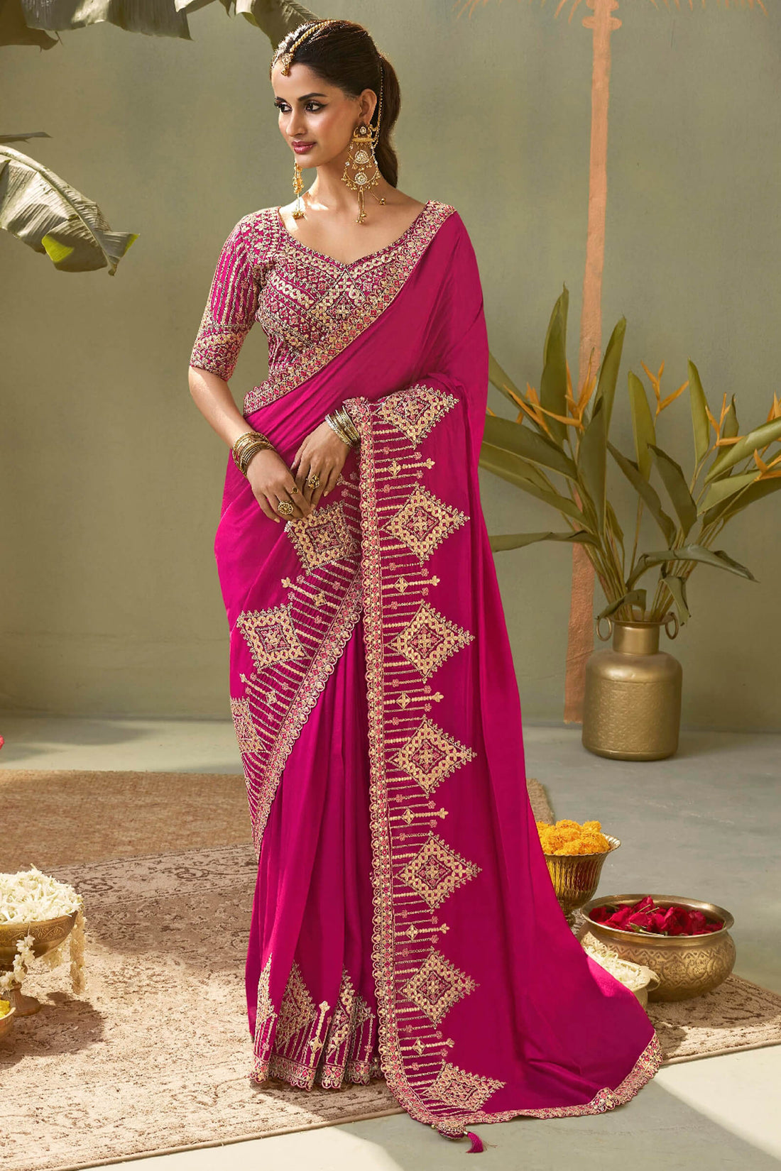 Alluring Dark Pink Soft Silk Embroidery Work Saree With Amiable Blouse Piece
