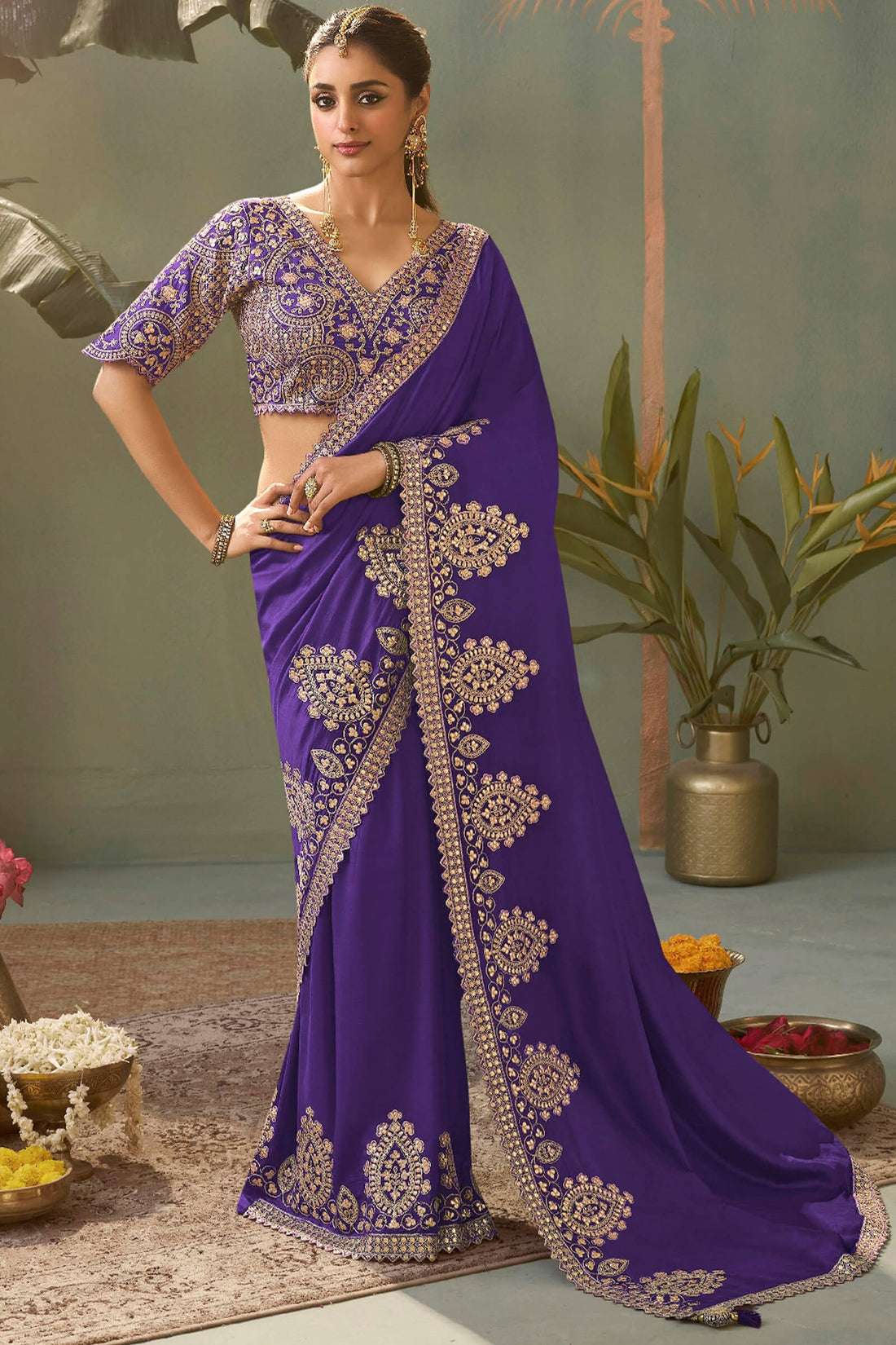 Pulsating Royal Purple Soft Silk Embroidery Work Saree With Staring Blouse Piece