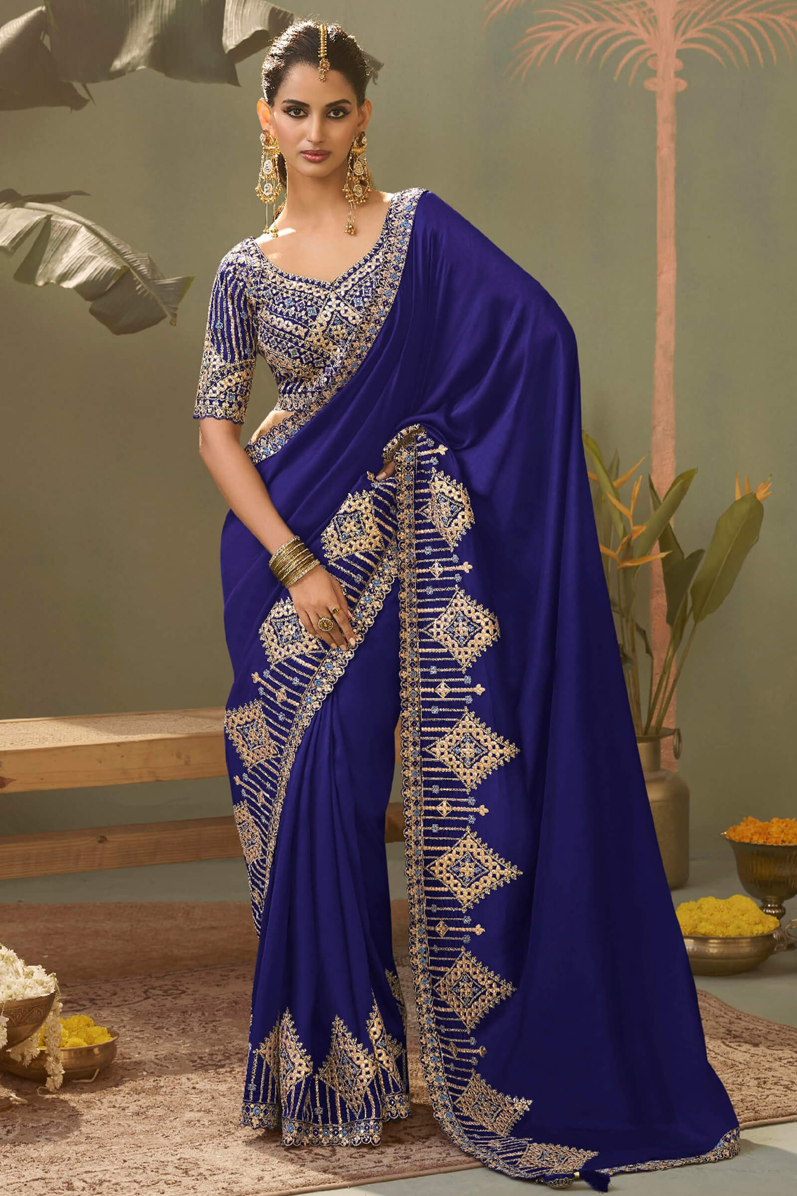 Glittering Navy Blue Soft Silk Embroidery Work Saree With Exemplary Blouse Piece