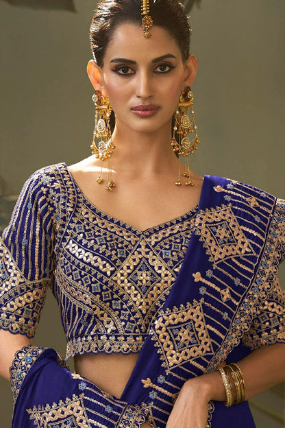 Glittering Navy Blue Soft Silk Embroidery Work Saree With Exemplary Blouse Piece