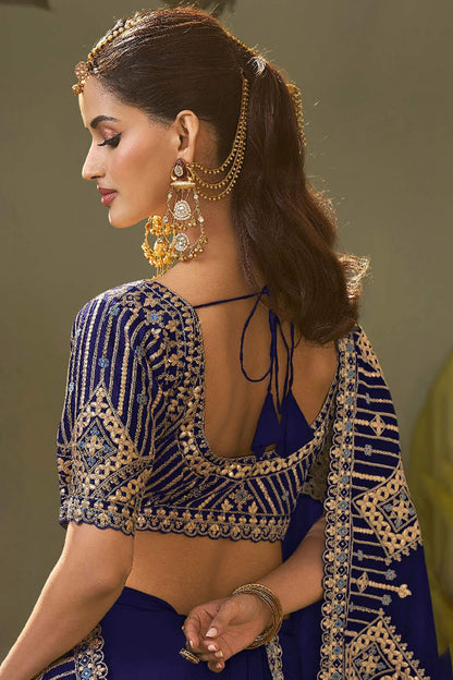 Glittering Navy Blue Soft Silk Embroidery Work Saree With Exemplary Blouse Piece