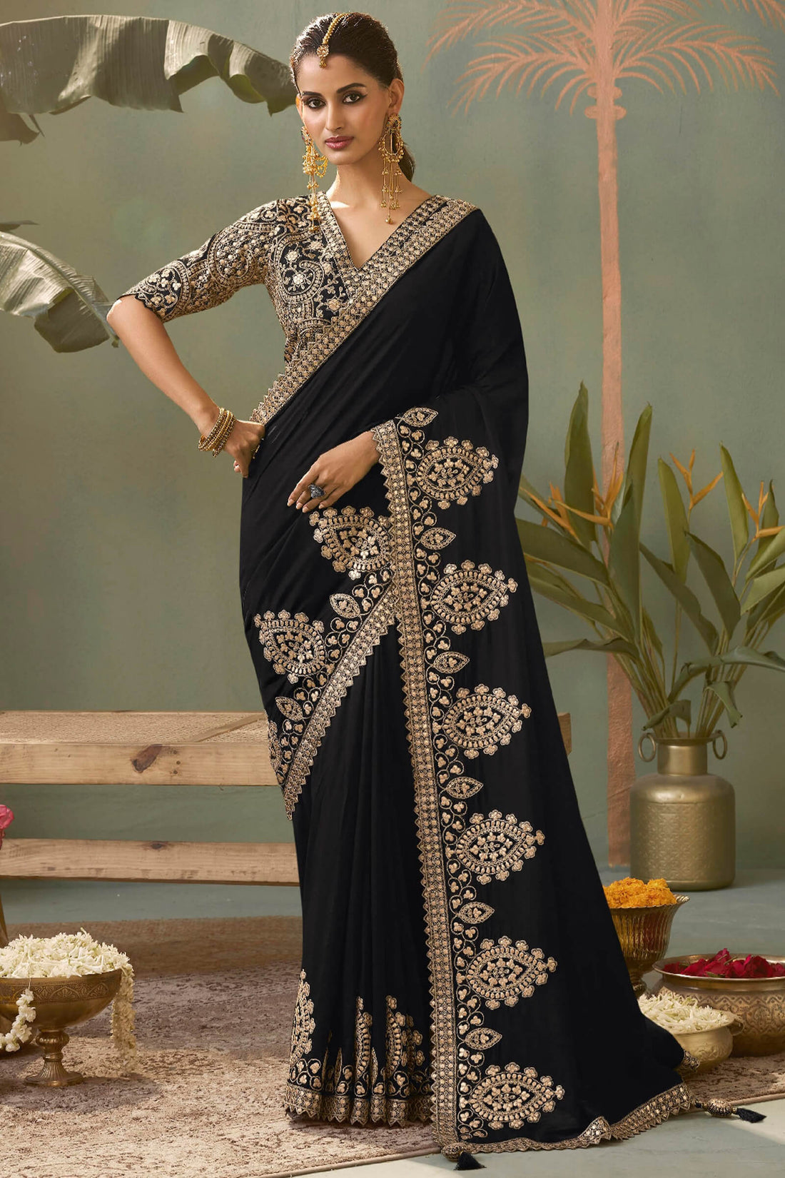 Effulgent Black Soft Silk Embroidery Work Saree With Ailurophile Blouse Piece