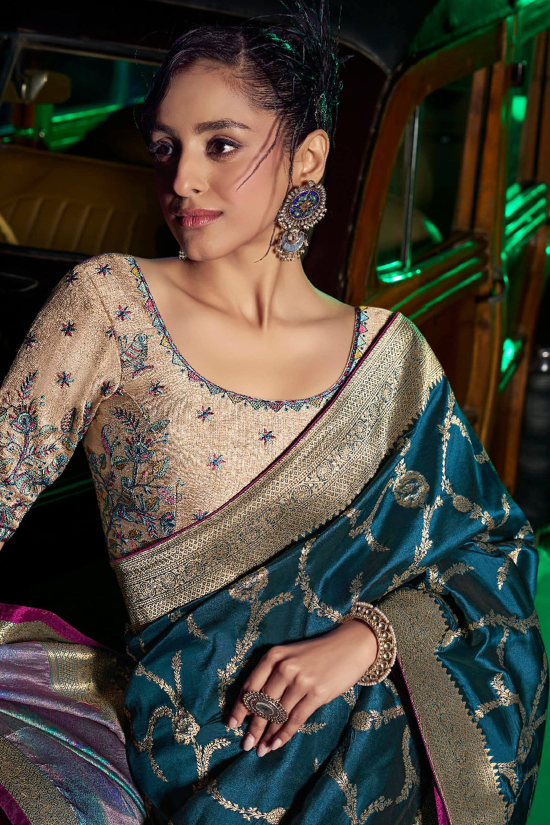 Ideal Rama Soft Banarasi Silk Saree With Sizzling Blouse Piece