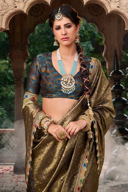 Mesmerising Brown Pure Tissue Banarasi Silk Saree With Deserving Blouse Piece