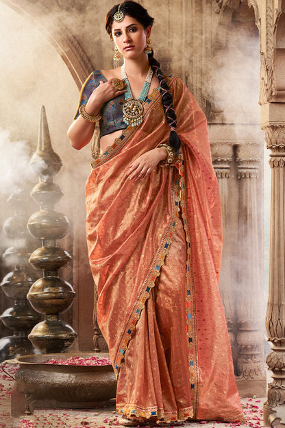 Felicitous Peach Pure Tissue Banarasi Silk Saree With Desiring Blouse Piece