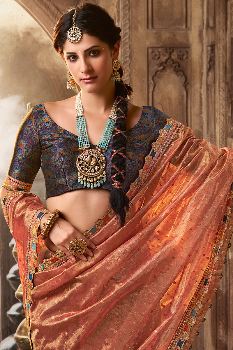 Felicitous Peach Pure Tissue Banarasi Silk Saree With Desiring Blouse Piece