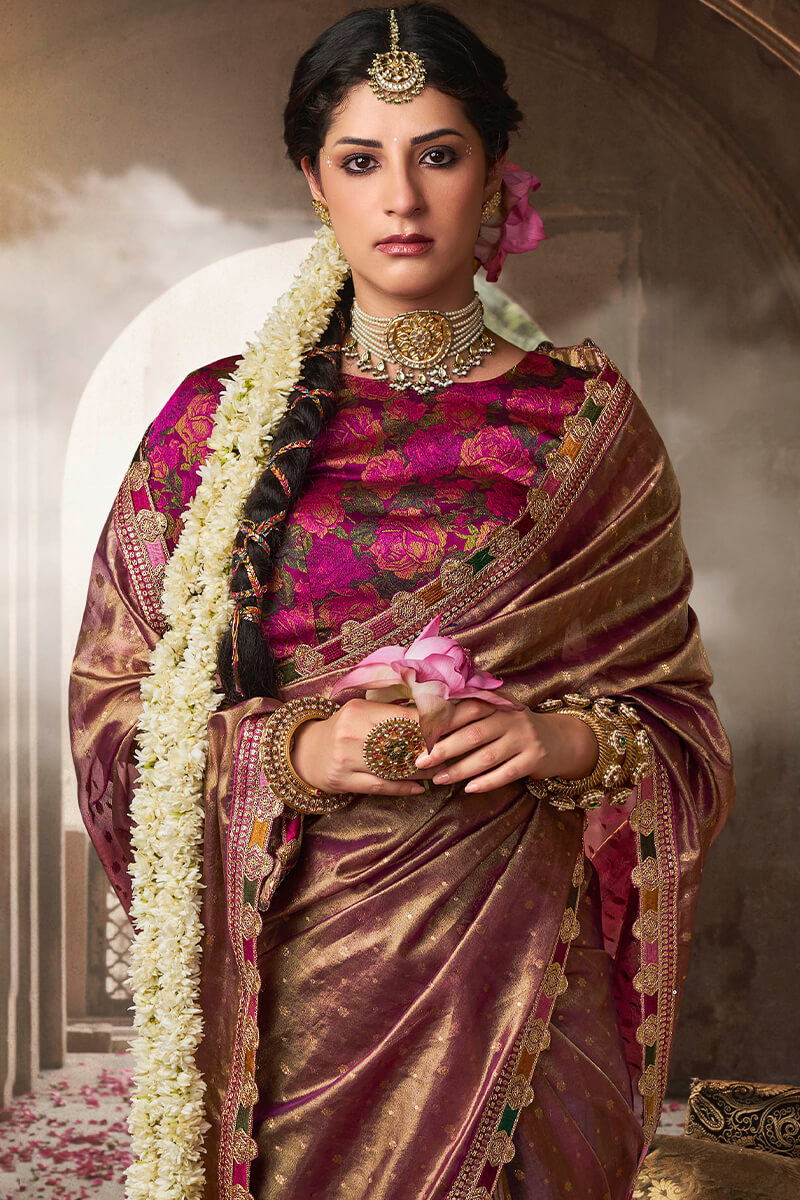 Susurrous Purple Pure Tissue Banarasi Silk Saree With Nectarous Blouse Piece