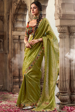 Flameboyant Mehndi Pure Tissue Banarasi Silk Saree With Majestic Blouse Piece