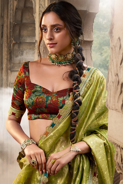 Flameboyant Mehndi Pure Tissue Banarasi Silk Saree With Majestic Blouse Piece