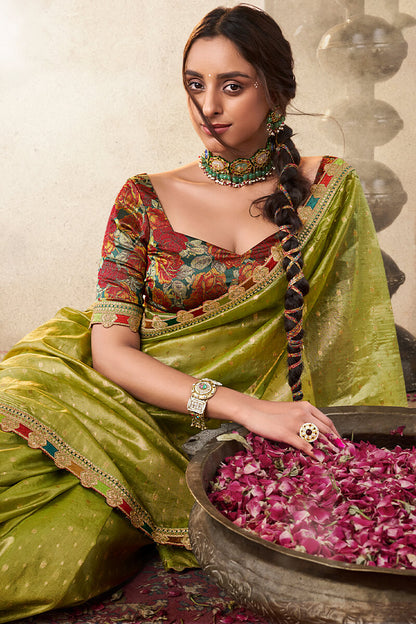 Flameboyant Mehndi Pure Tissue Banarasi Silk Saree With Majestic Blouse Piece