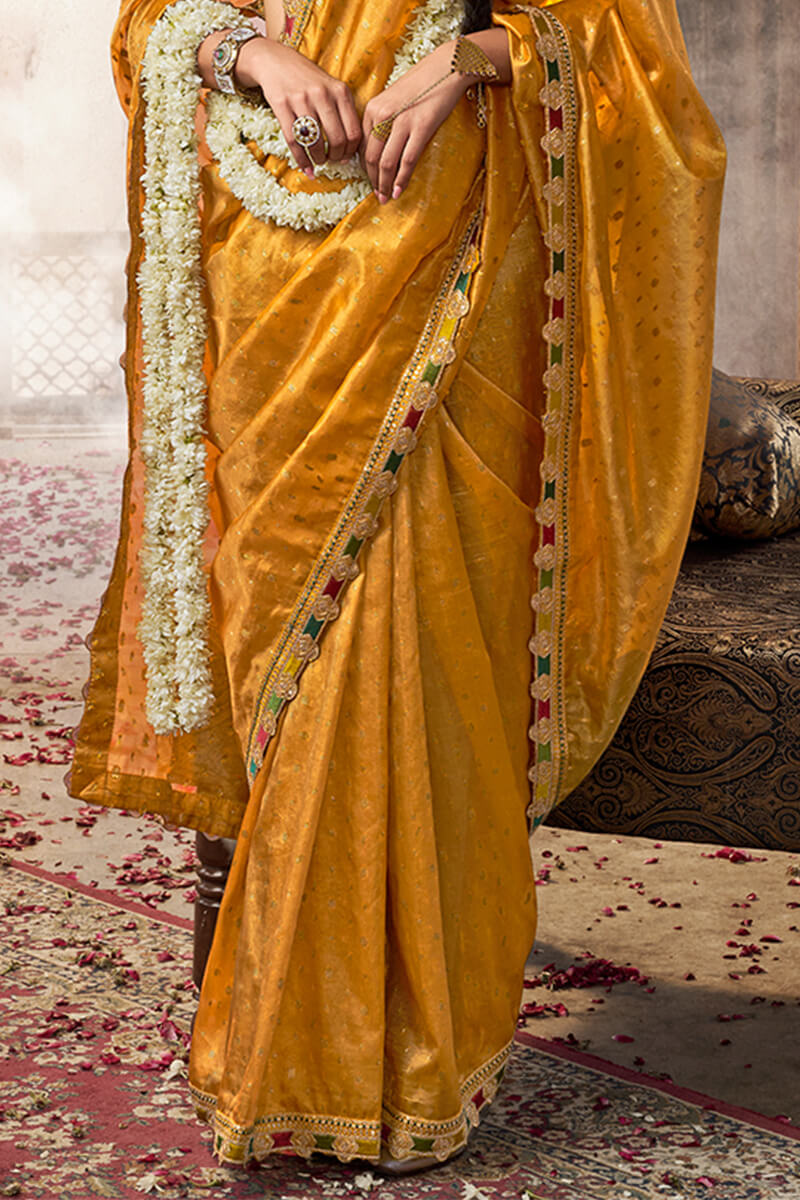 Resonant Mustard Pure Tissue Banarasi Silk Saree With Vivacious Blouse Piece