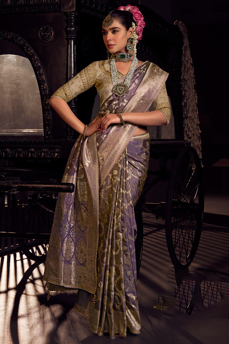 Invaluable Lavender Pure Viscose Tissue Banrasi Silk Saree With Groovy Blouse Piece